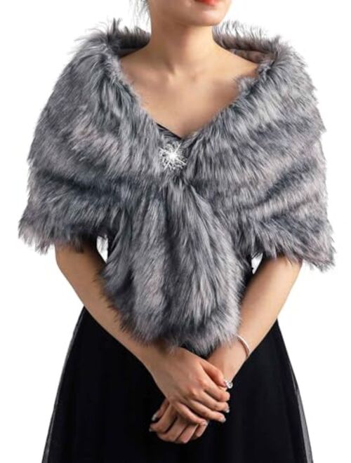 EASEDAILY Women's Fur Shawls and Wraps Wedding Fur Scarf Faux Bridal Fur Stole with Brooch for Brides and Bridesmaids