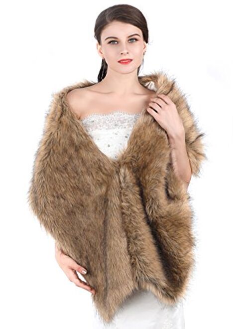 Jovono Women's Wedding Fur Shawls and Wrap Bridal Fur Scarf stoles with Rhinestone Brooch for Bride and Bridesmaids