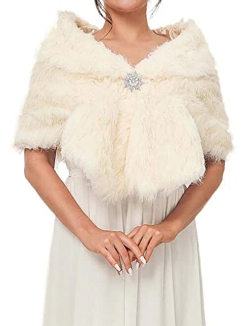 GORAIS Women's Wedding Faux Fur Shawls and Wraps Bridal Fur Scarf Stoles with Brooch for Bride and Bridesmaids