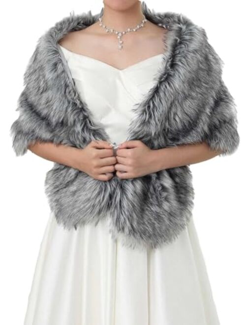 GORAIS Women's Wedding Faux Fur Shawls and Wraps Bridal Fur Scarf Stoles with Brooch for Bride and Bridesmaids