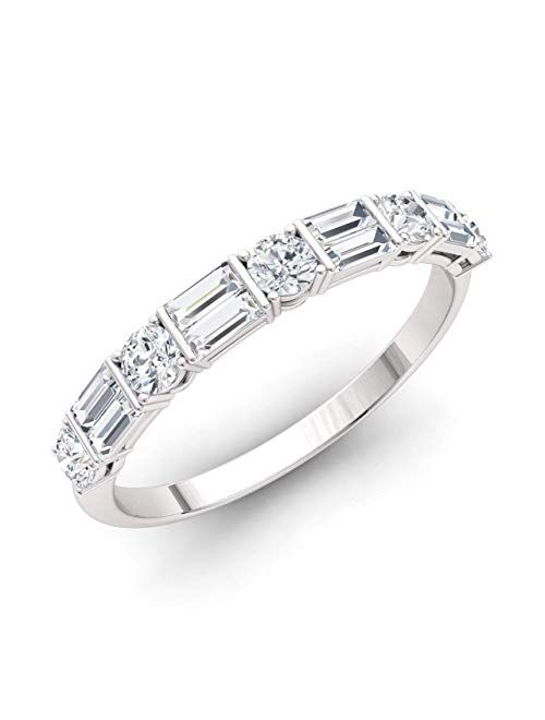 Diamondere Natural and Certified Gemstone and Baguette Diamond Wedding Ring in 14K White Gold | 0.79 Carat Half Eternity Stackable Band for Women, US Size 4 to 9