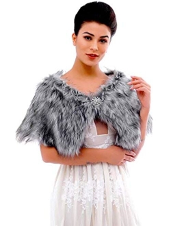 Aukmla Women Faux Fur Shawls and Wraps Bridal Fur Stole Cape Wedding Winter Scarf with Rhinestones Brooch