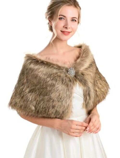 Aukmla Women Faux Fur Shawls and Wraps Bridal Fur Stole Cape Wedding Winter Scarf with Rhinestones Brooch