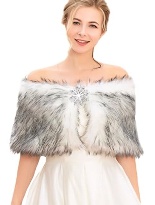 Aukmla Women Faux Fur Shawls and Wraps Bridal Fur Stole Cape Wedding Winter Scarf with Rhinestones Brooch