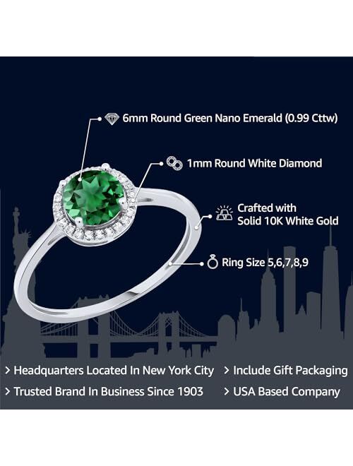 Gem Stone King 10K White Gold Green Nano Emerald and White Diamond Engagement Ring For Women (0.99 Cttw, Round 6MM, Available In Size 5,6,7,8,9)