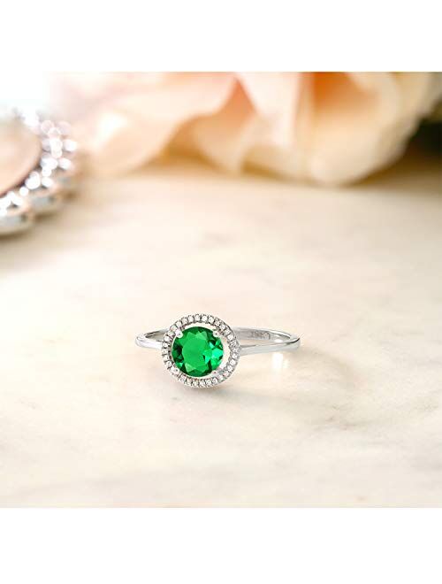 Gem Stone King 10K White Gold Green Nano Emerald and White Diamond Engagement Ring For Women (0.99 Cttw, Round 6MM, Available In Size 5,6,7,8,9)