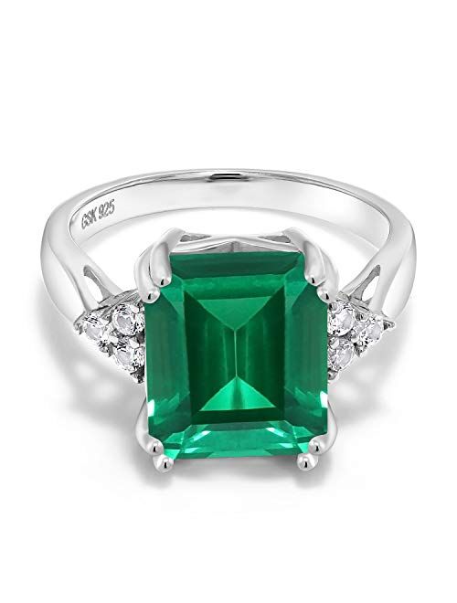 Gem Stone King 925 Sterling Silver Green Simulated Emerald Engagement Ring For Women (5.66 Cttw, Emerald Cut 12X10MM, Available In Size 5, 6, 7, 8, 9)