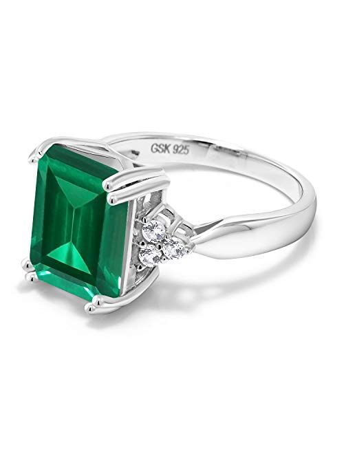 Gem Stone King 925 Sterling Silver Green Simulated Emerald Engagement Ring For Women (5.66 Cttw, Emerald Cut 12X10MM, Available In Size 5, 6, 7, 8, 9)