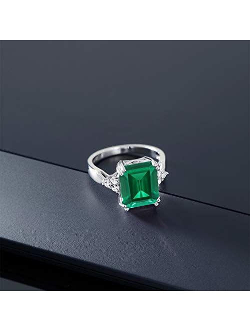 Gem Stone King 925 Sterling Silver Green Simulated Emerald Engagement Ring For Women (5.66 Cttw, Emerald Cut 12X10MM, Available In Size 5, 6, 7, 8, 9)