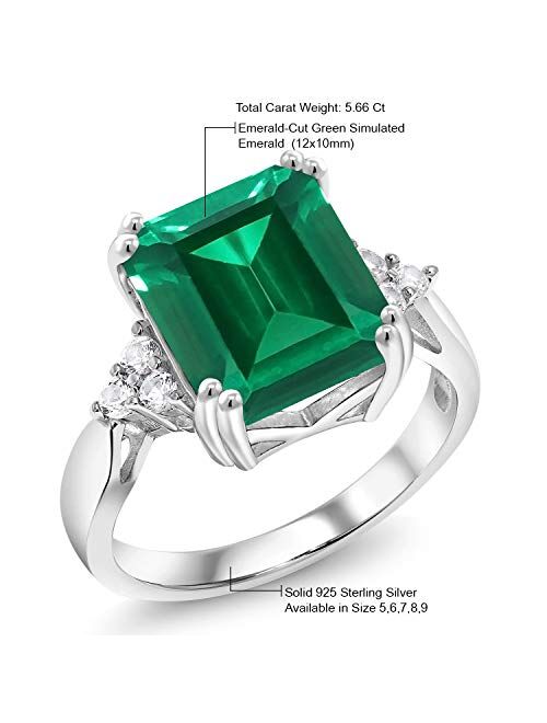 Gem Stone King 925 Sterling Silver Green Simulated Emerald Engagement Ring For Women (5.66 Cttw, Emerald Cut 12X10MM, Available In Size 5, 6, 7, 8, 9)