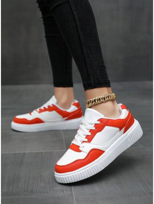 Shein Women Two Tone Lace-up Front Skate Shoes, Sporty Sneakers