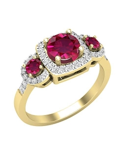 Collection Round Lab Created Gemstone & Natural White Diamond Ladies 3 Stone Halo Style Engagement Ring, 10K White Gold