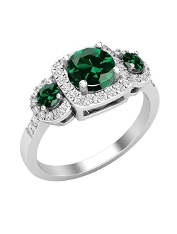 Collection Round Lab Created Gemstone & Natural White Diamond Ladies 3 Stone Halo Style Engagement Ring, 10K White Gold