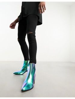 heeled chelsea boot in blue mirror faux leather