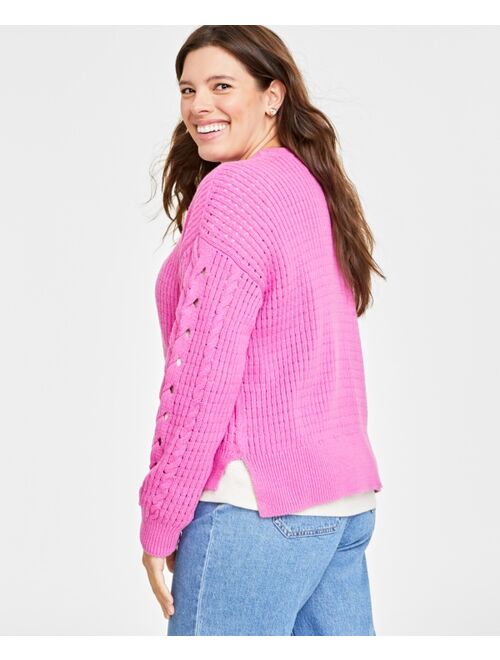 ON 34TH Women's Cable-Knit-Mesh Crewneck Long-Sleeve Sweater, Created for Macy's