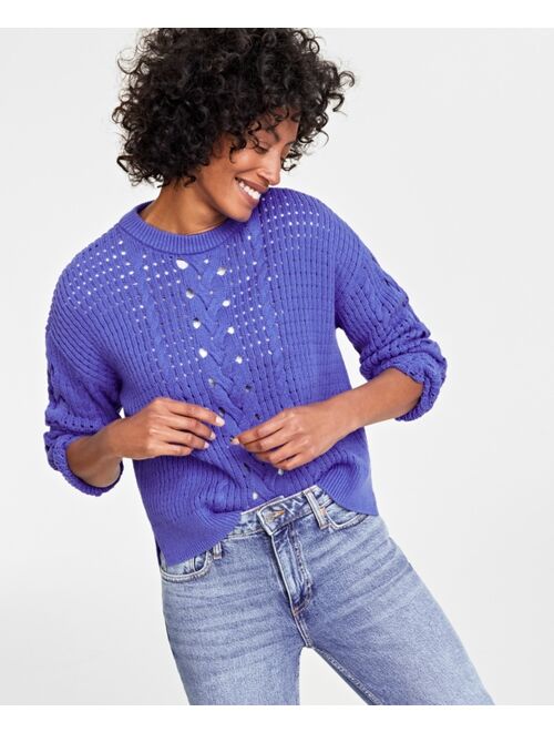 ON 34TH Women's Cable-Knit-Mesh Crewneck Long-Sleeve Sweater, Created for Macy's