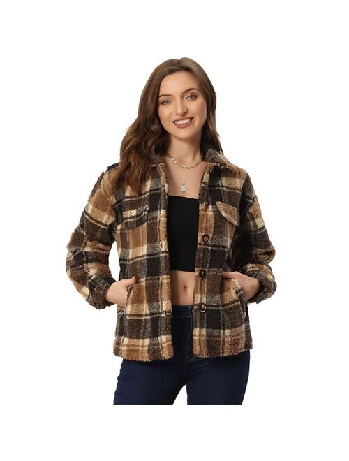 ALLEGRA K Faux Fleece Jackets For Women's Button Down Casual Warm Plaid Coat Outwear