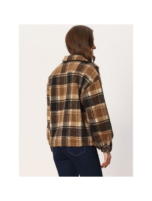 ALLEGRA K Faux Fleece Jackets For Women's Button Down Casual Warm Plaid Coat Outwear