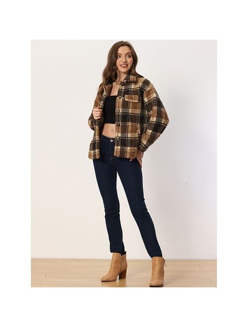 ALLEGRA K Faux Fleece Jackets For Women's Button Down Casual Warm Plaid Coat Outwear