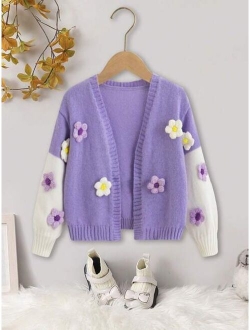 Young Girl Floral Patched Drop Shoulder Duster Cardigan