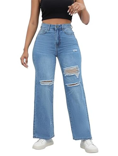 Aodrusa Ripped Wide Leg Jeans for Women Mom Baggy Straight Leg Stretchy Boyfriend Trendy Trouser Denim Pants