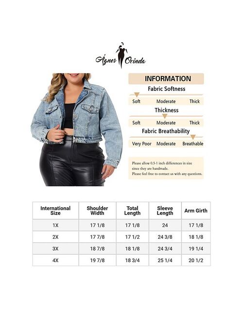 agnes orinda Denim Jackets For Women 2023 Plus Size Retro Notched Lapel Long Sleeve Washed Crop Jean Jacket