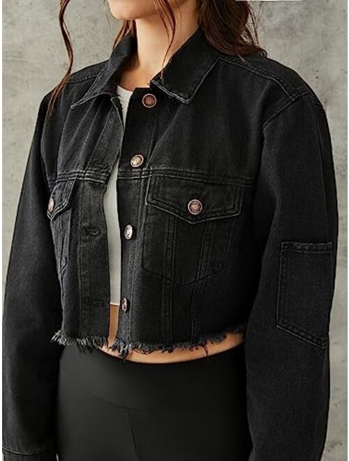 Tsher Women's Oversize Vintage Washed Denim Jacket Long Sleeve Classic Loose Jean Trucker Jacket D003