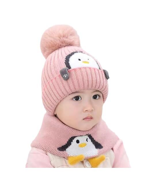 Vopee Children's hat Plus Fleece Baby Thick Woolen hat Warm Baby hat Winter Knit hat Neck Two Piece Set