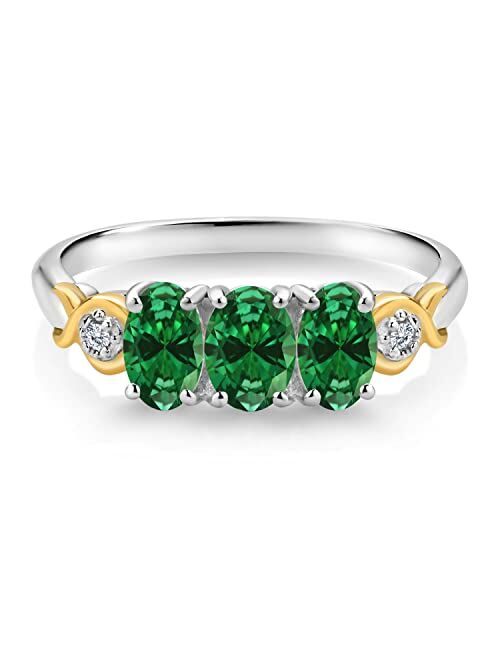 Gem Stone King 925 Silver and 10K Yellow Gold Oval Green Created Emerald and White Lab Grown Diamond Ring For Women (1.07 Cttw, Available In Size 5, 6, 7, 8, 9)