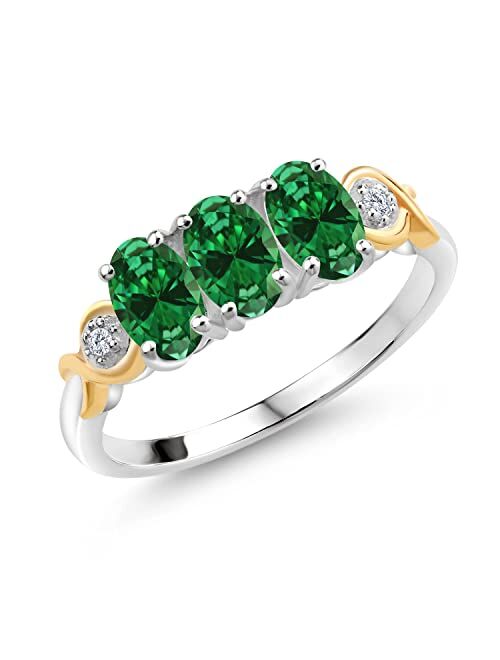 Gem Stone King 925 Silver and 10K Yellow Gold Oval Green Created Emerald and White Lab Grown Diamond Ring For Women (1.07 Cttw, Available In Size 5, 6, 7, 8, 9)