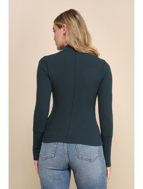 Free People The Rickie Dark Green Ribbed Mock Neck Long Sleeve Top