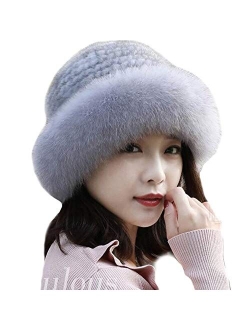 Valpeak Womens Winter Hat Knitted Mink Real Fur Hats with Fox Brim