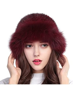 Valpeak Womens Winter Hat Knitted Mink Real Fur Hats with Fox Brim