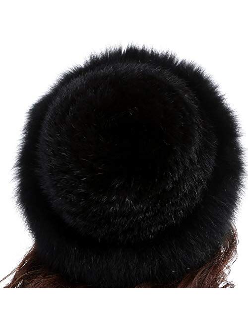 Valpeak Womens Winter Hat Knitted Mink Real Fur Hats with Fox Brim