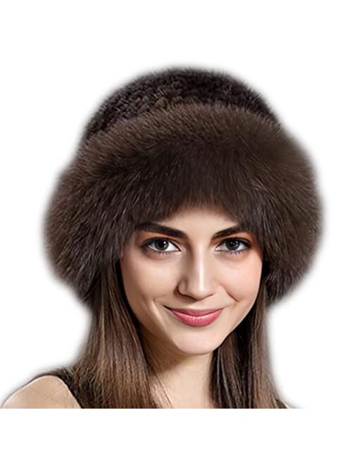 Valpeak Womens Winter Hat Knitted Mink Real Fur Hats with Fox Brim