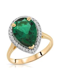 Galaxy Gold GG 3.16 Carat 14K Solid Yellow Gold Emerald with Natural Diamonds Halo Ring Brilliant Pear Tear Drop Shape Cut Round Diamonds Anniversary Engagement Promise R