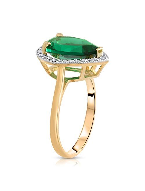 Galaxy Gold GG 3.16 Carat 14K Solid Yellow Gold Emerald with Natural Diamonds Halo Ring Brilliant Pear Tear Drop Shape Cut Round Diamonds Anniversary Engagement Promise R