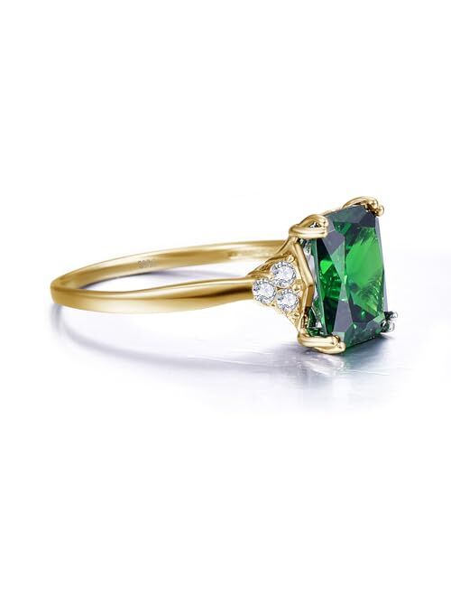 Yaresul 8x10mm Emerald-Cut Simulated Women Emerald Ring 925 Sterling Silver Emerald Engagement Ring for Women May Birthstone Rings for Mothers Valentines Thanksgiving Day