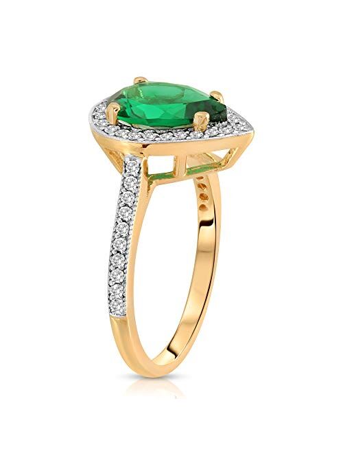 Galaxy Gold GG Stunning 1.69 Carat Total Weight 14K Solid Yellow Gold Emerald and Natural Diamond Halo Ring Brilliant Pear Cut Tear Drop Shape Round Diamonds Anniversary 