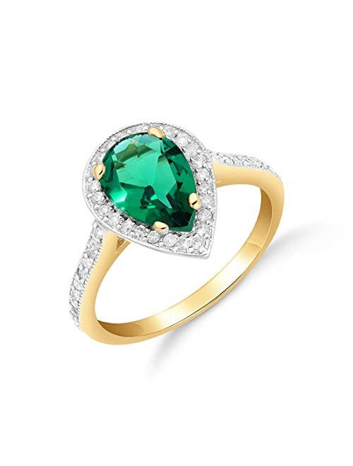 Galaxy Gold GG Stunning 1.69 Carat Total Weight 14K Solid Yellow Gold Emerald and Natural Diamond Halo Ring Brilliant Pear Cut Tear Drop Shape Round Diamonds Anniversary 