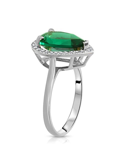 Galaxy Gold GG 3.16 Carat Total Weight Sterling Silver 925 Emerald with Natural Diamonds Halo Ring Brilliant Pear Tear Drop Shape Cut and Round Diamonds Anniversary Engag