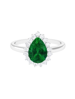 Rosec Jewels Created Emerald Teardrop Halo Ring for Women (7X10 MM Pear, Statement Engagement Jewelry for Her, AAAA Quality)