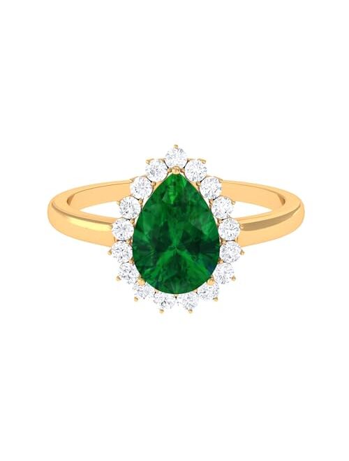 Rosec Jewels Created Emerald Teardrop Halo Ring for Women (7X10 MM Pear, Statement Engagement Jewelry for Her, AAAA Quality)