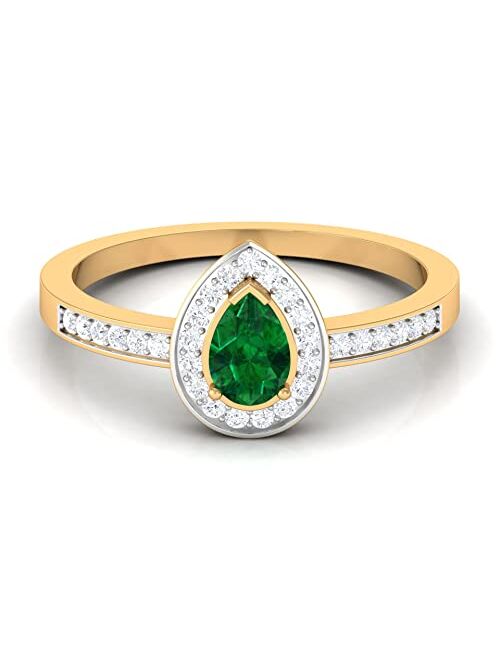 Rosec Jewels Certified Emerald Teardrop Engagement Ring for Women with Diamond Halo | AAA Quality