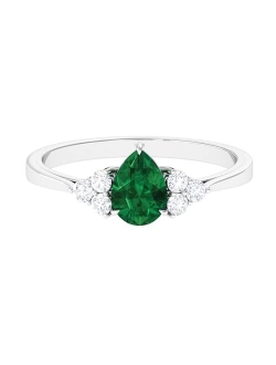 Rosec Jewels Natural Emerald Teardrop Solitaire Ring with HI-SI Diamond Trio, 1 Cttw, 5X7 MM, AAA Quality