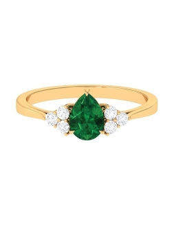 Rosec Jewels Natural Emerald Teardrop Solitaire Ring with HI-SI Diamond Trio, 1 Cttw, 5X7 MM, AAA Quality