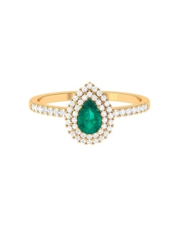 Rosec Jewels Teardrop Emerald Double Halo Ring, AAA Quality, Wedding Engagement Ring for Her