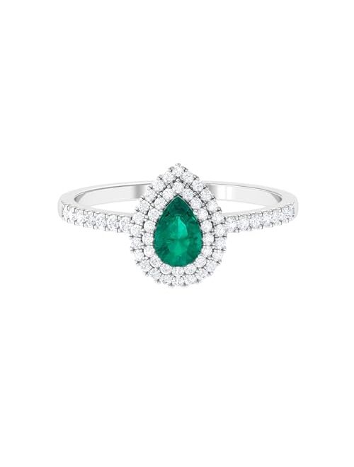 Rosec Jewels Teardrop Emerald Double Halo Ring, AAA Quality, Wedding Engagement Ring for Her