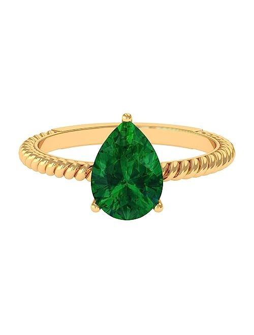 Rosec Jewels Created Emerald Teardrop Solitaire Ring | Twisted Rope Birthday Jewelry Gift for Girlfriend | AAAA Quality