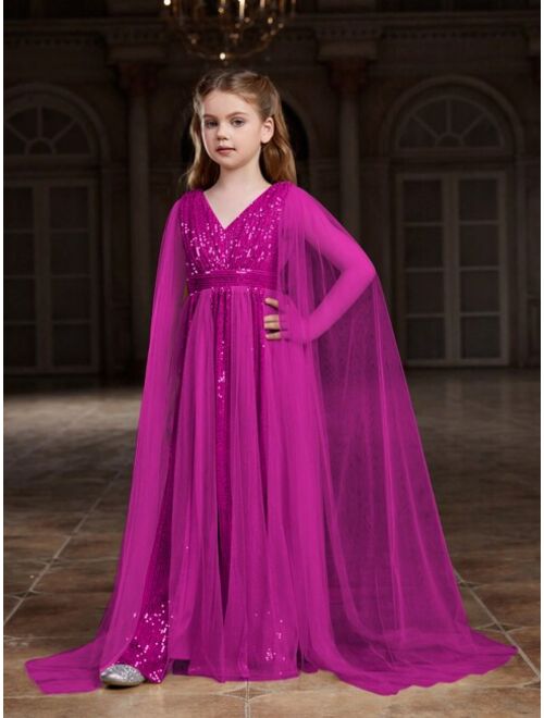 Tween Girl V-Neck Long Sleeve Sequin Formal Dress